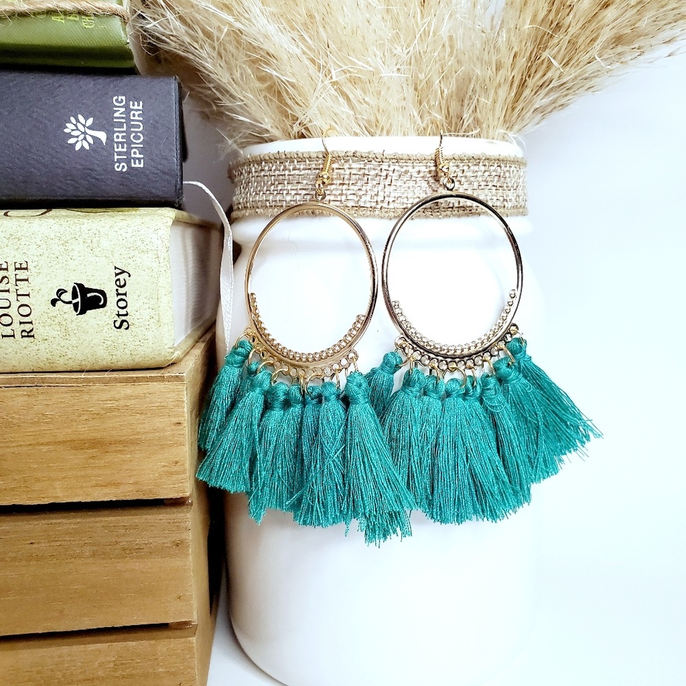 NWT Teal Bohemian Cotton Tassle Hoops Gold